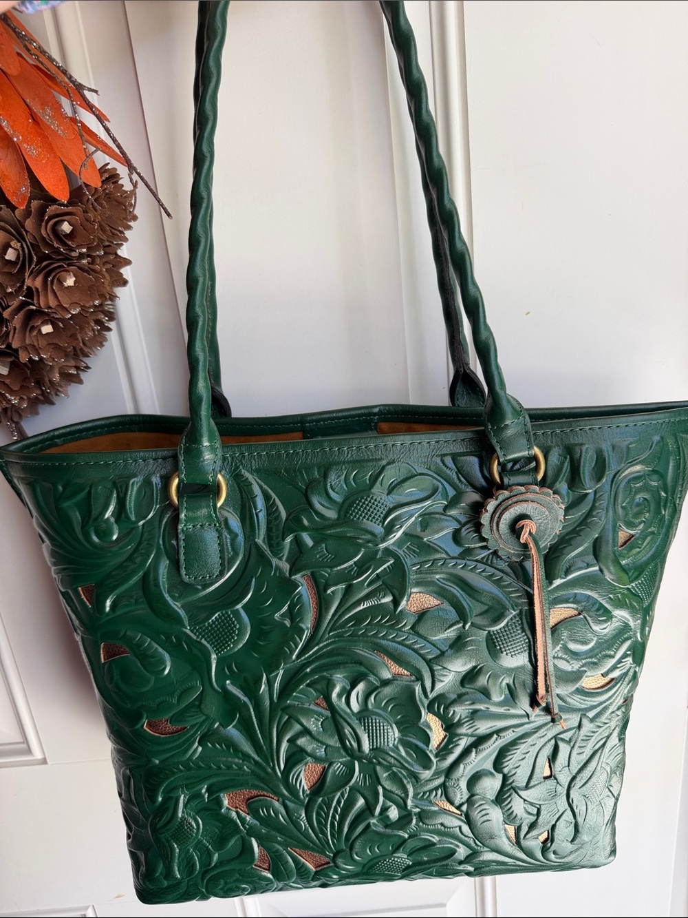 Patricia Nash Dark Green Floral Tooled Leather Tote